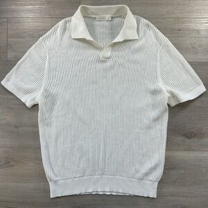 Suitsupply Crochet Polo Mens XXL Off White Open Collar Buttonless Knit Cotton